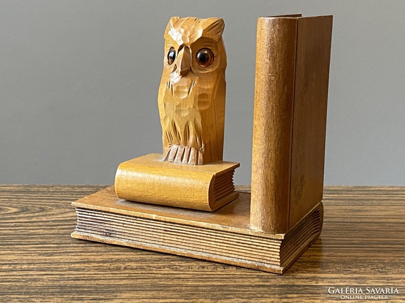 Owl carved wooden retro bookend 13.5 cm