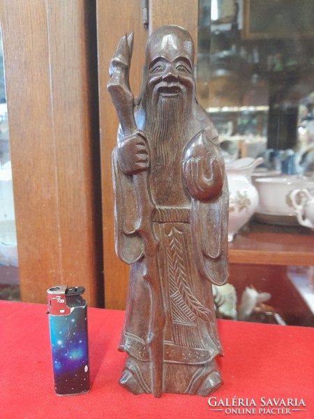 Kínai Bölcs Fa Faradás,Kézi Faragott Szobor.25 cm.