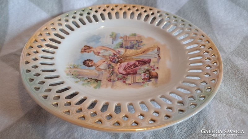 Antik Victoria életképes porcelán tányér, dísztányér (L3694)