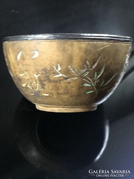 Antik kínai, kókuszhéjból faragott, ezüstlappal bélelt teáscsésze, 9 cm átmérő