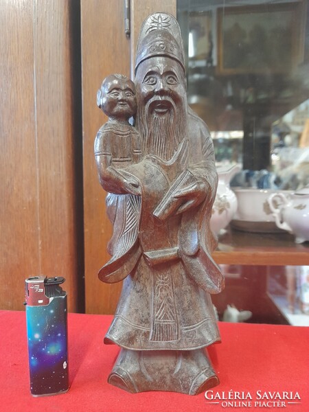 Kínai Bölcs Fa Faragás,Kézi Faragott Szobor.25.5 cm.