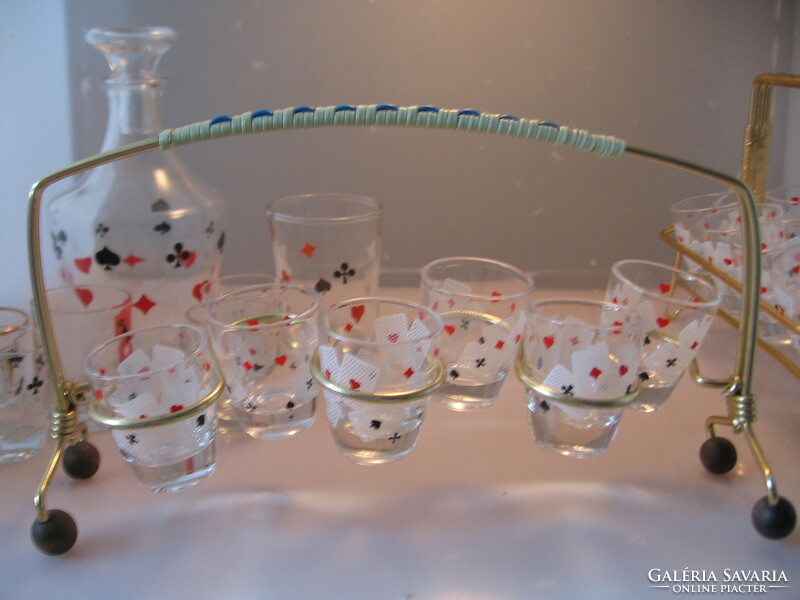 Set of 6 retro poker card-pattern brandy and liqueur glasses on an aluminum stand