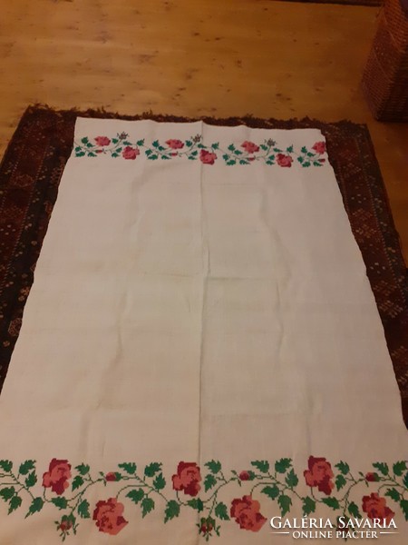 Hand-embroidered home-woven linen tablecloth