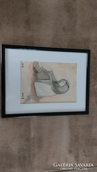 (K) Szignózott akvarell festmény űló alakkal 22x28 cm kerettel