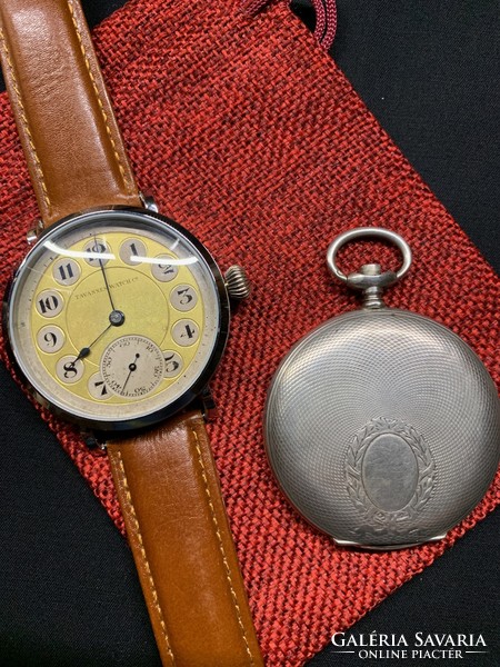 100-year-old Swiss Tavannes pocket watch built-in wristwatch with glass back, including original pocket watch case