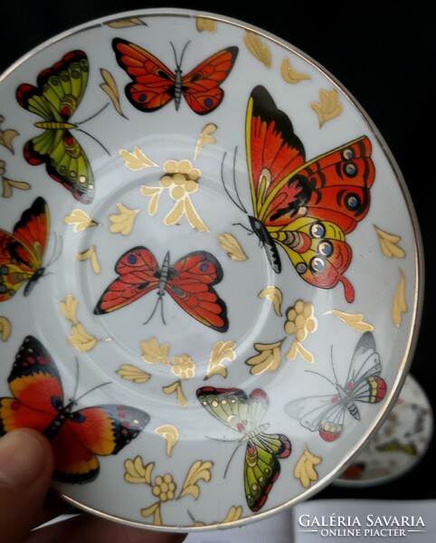 DT/209. Aranyozott, 6 személyes, pillangós finomporcelán teás készlet díszdobozban