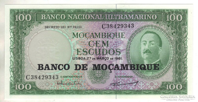 100 escudos 1961 Mozambik felülbélyegzett UNC 2.