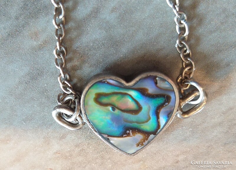 Abalone mother-of-pearl heart-marked silver pendant + silver necklace 45.5 cm