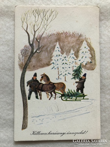 Old Christmas card with drawings - drawing by Miklós Győry -5.