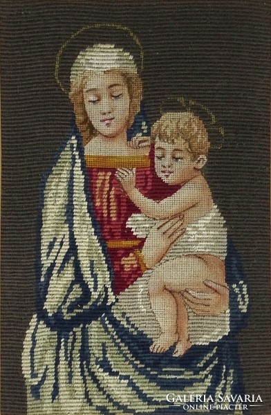 1M917 Saint image of Mary with child in a tapestry frame 33 x 22 cm