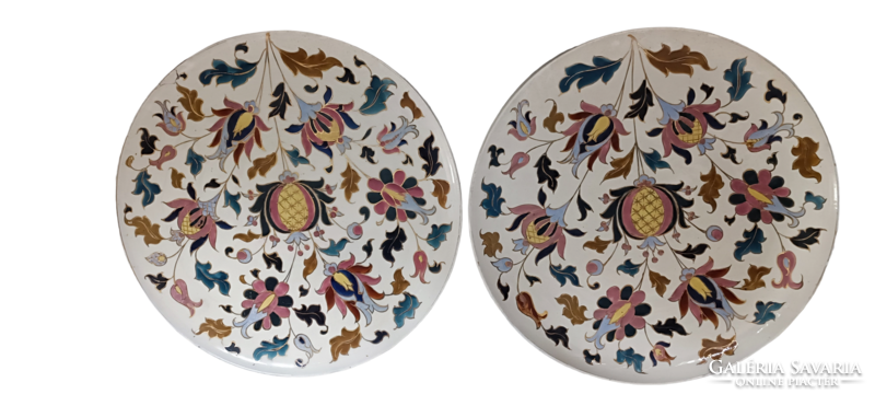 Huge antique Zsolnay period wall plate pair of gilded flowers diameter: 40cm