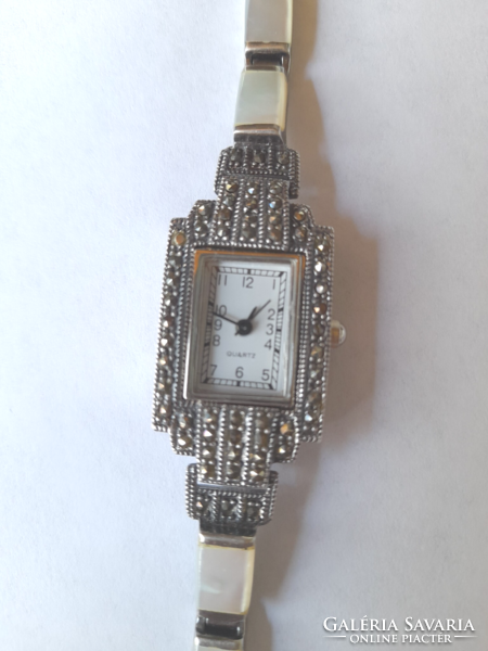 Old silver women's jewelry watch, wristwatch with marcasite and mother-of-pearl decoration