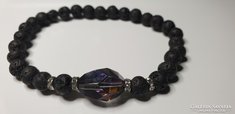 Lava stone bracelet with polished glass ornament