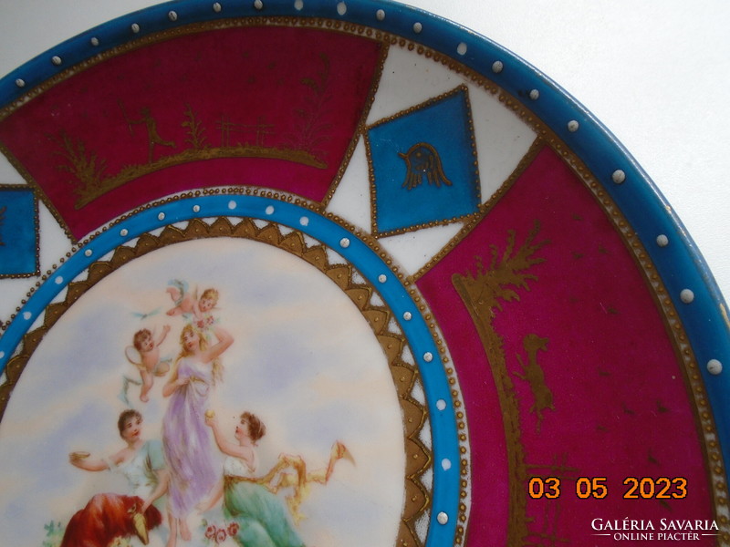 Altwien wall plate with the porcelain painter's signature, angel and nymph designs, gold rim designs