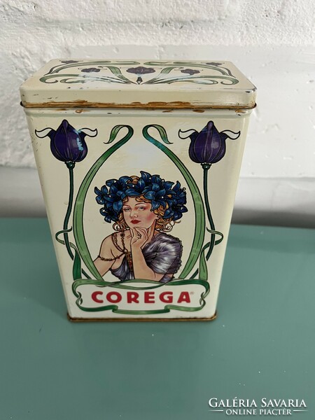 Szecessziós fém Corega női portrés doboz, kávesdoboz