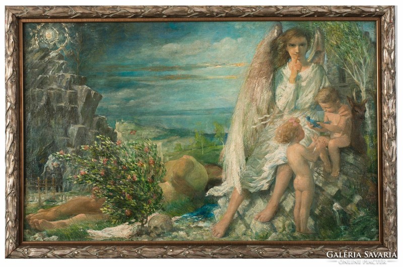 Szürrealista tájkép angyal figurával