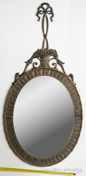 Oval mirror with bronze frame - with stylized ribbon hanger