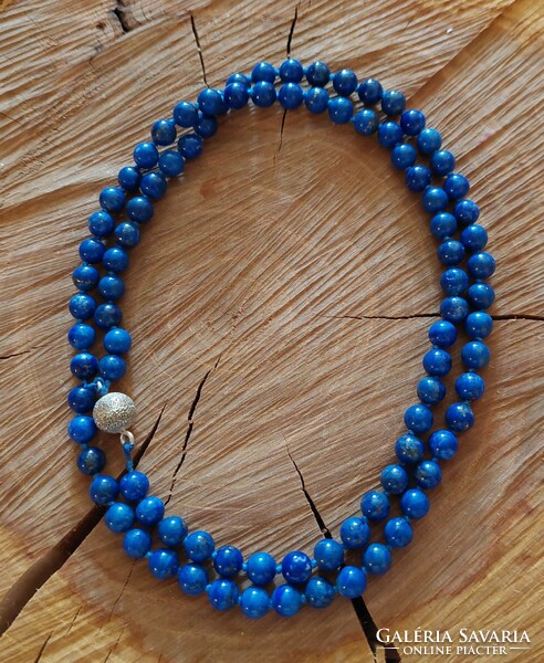 Long, knotted lapis lazuli necklace with magnetic ball clasp