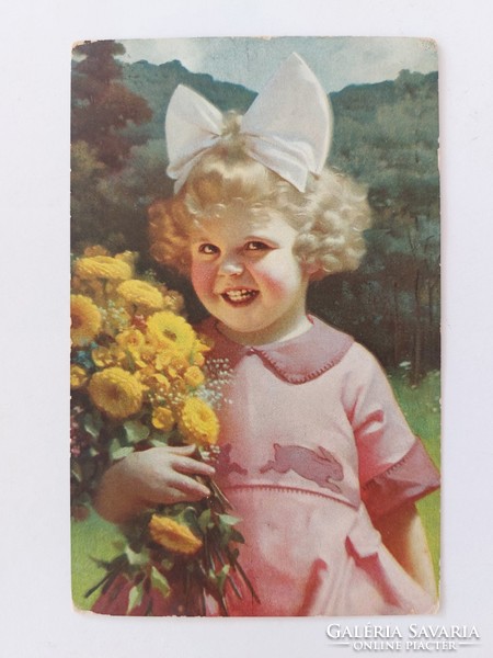 Régi képeslap 1938 fotó levelezőlap kislány virágokkal
