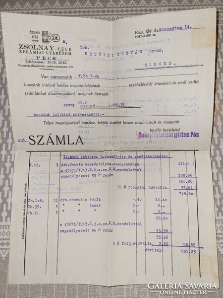 Zsolnay tile stove invoice with original letter is a rarity
