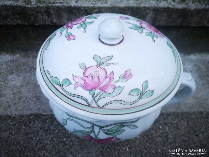 Antik porcelán fedeles edény vastag porcelán kaspó virágokkal díszítve Bili ritkasàg koma jellegű