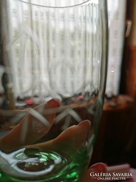 6 db uránzöld színű boros pohár készlet, metszett mintás hibátlan