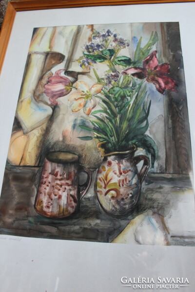 Miklós Tóth: still life with tulips (2) watercolor