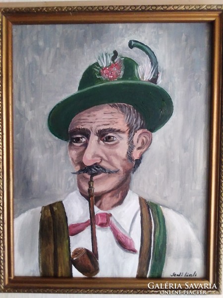Laszlo Szabo. An old man smoking a pipe from Tyrol. Oil painting.