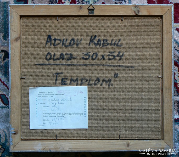 ADILOV KABUL "TEMPLOM" ,1988-ban készült, OLAJ, FAROSTLEMEZ FESTMÉNY, KERETTEL