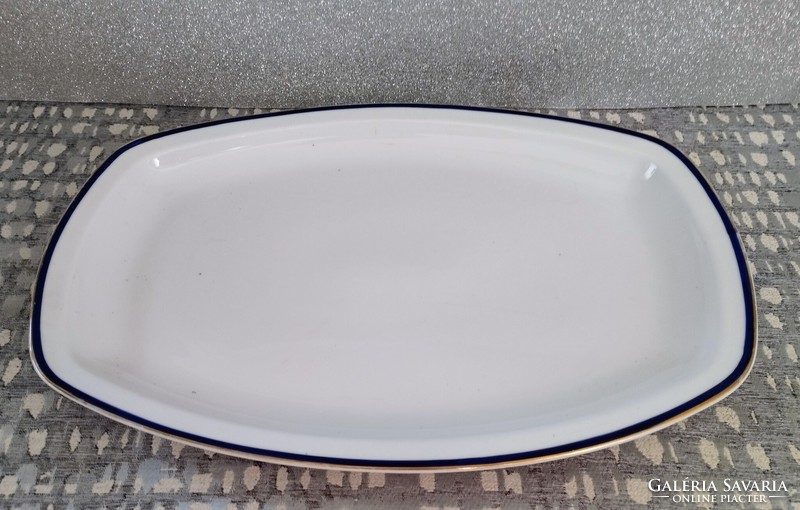 Zsolnay roasting dish with blue stripes and gold rim