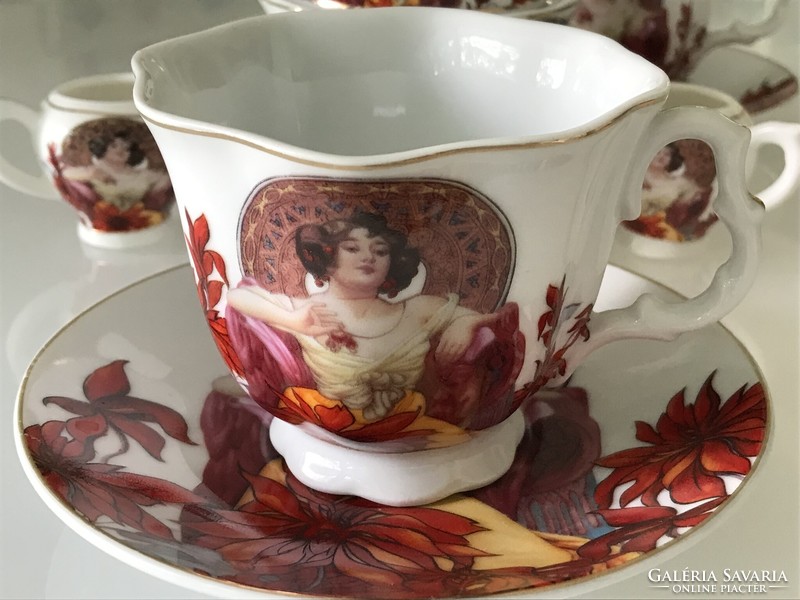 Porcelain tea set with a painting by Alfons Mucha, Queen Isabel porcelain