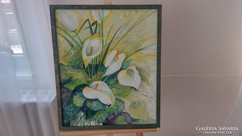 (K) Szép Kála virág festmény, akvarell 53x64 cm kerettel