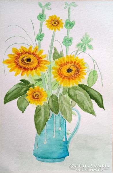 Sunflowers. Watercolor picture, with unknown signature. 30X20cm