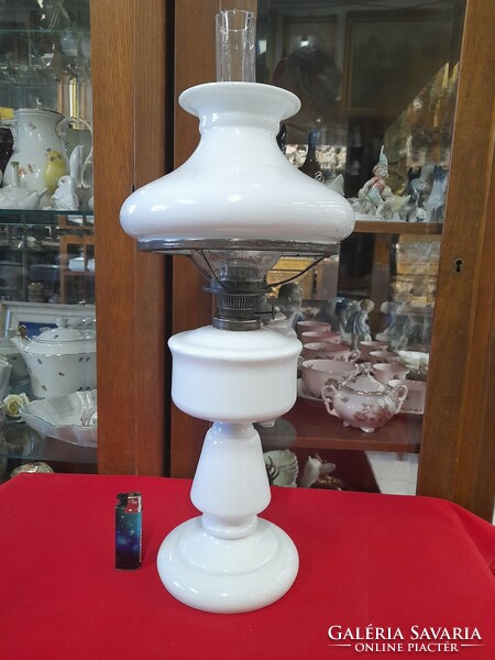 Old large broken, blown milk glass, kerosene glass, oil table lamp. 50 Cm.