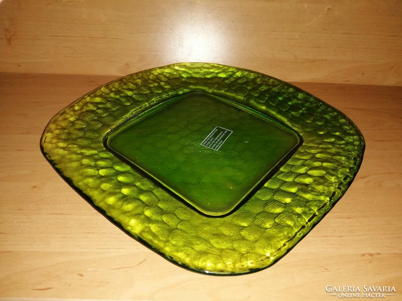 Zöld üveg négyzetes kínáló tál, asztalközép - 32*32 cm (af)