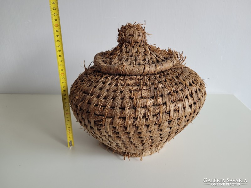 Old large folk wicker mat basket with lid vintage basket 32 cm decoration