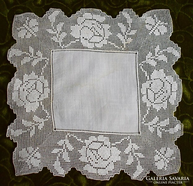 Crochet rose and butterfly pattern lace old decorative handkerchief, napkin 26.5 x 25.5 cm
