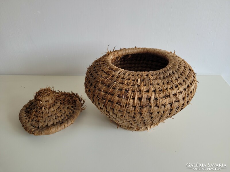 Old large folk wicker mat basket with lid vintage basket 32 cm decoration
