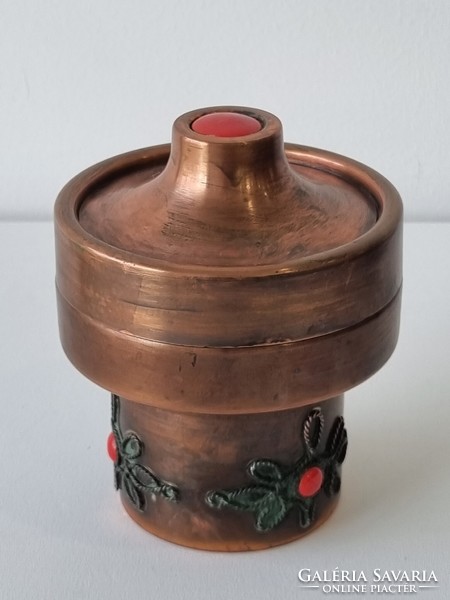 Vintage red copper industrial bonbonnier with fire enamel decoration