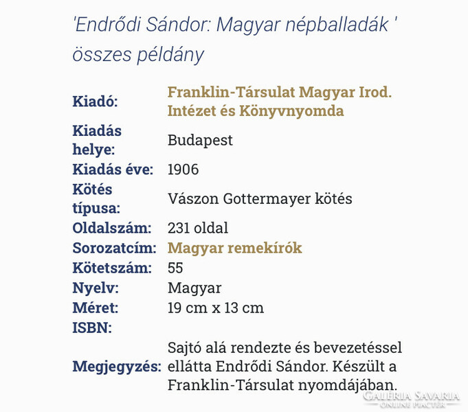 Endrődi Sándor: Magyar népballadák