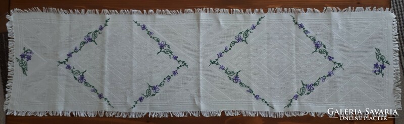 Antique runner with patterned weaving, embroidered with violets