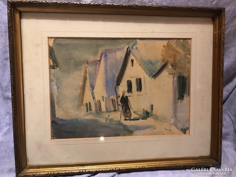Tamás Ervin: “ Falusi utca” akvarell festmény 1945