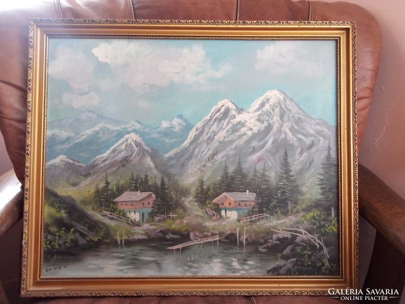 Painting: snowy mountains, small houses 50x60 cm