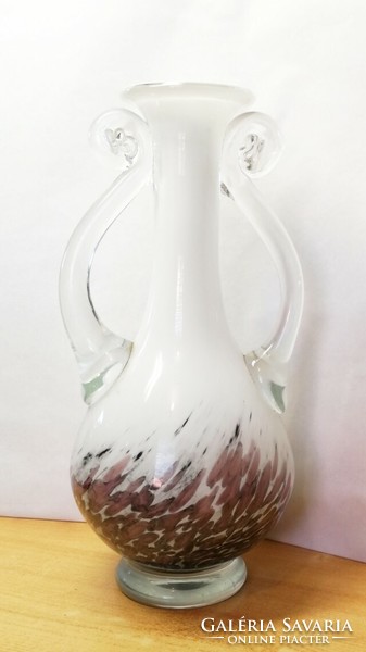 Murano vase with handles from the 1960s. Pure white with a red-brown marble pattern on the bottom.