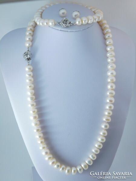 Cultured pearl necklace bracelet earrings silver jewelry set