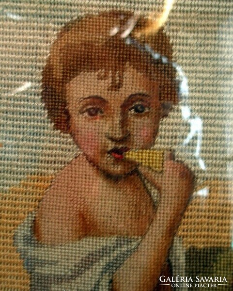 "Children playing dice game" - antique silk needle tapestry blondel frame - art&decoration