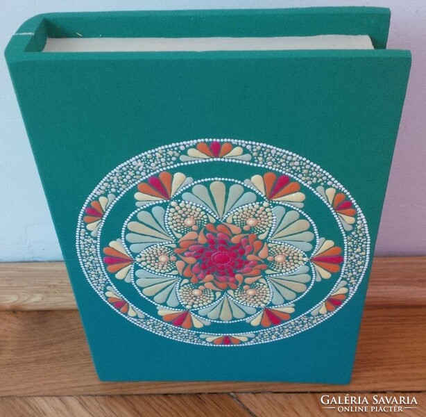 ÚJ! Türkiz könyv alakú fa doboz mandala díszítéssel, kézzel festett