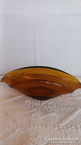 Vintage(1950) Sowerby borostyánsárga üvegtál/kínáló,dekoráció H:19 cm, sz..6,5 cm, mag.:6.5 cm.