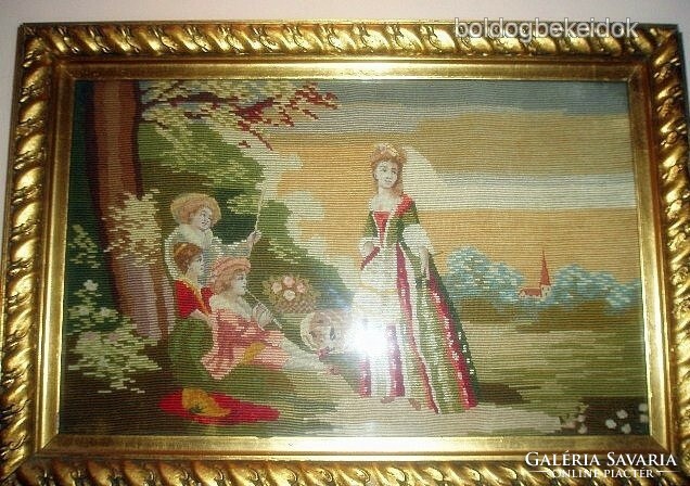 Antique petit point hand-stitched tapestry with silk thread - original wooden frame
