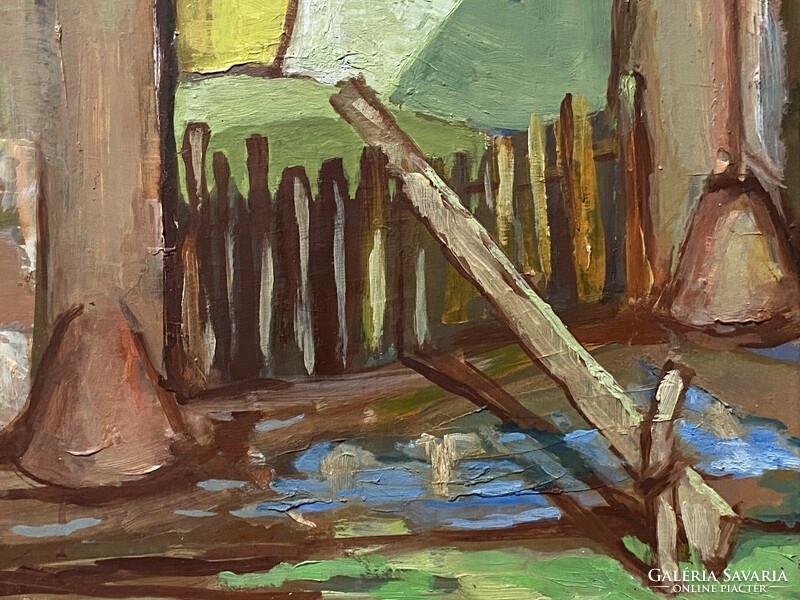 Gyula Kovács Tokaj gates retro large oil wood fiber painting in frame 72 x 61